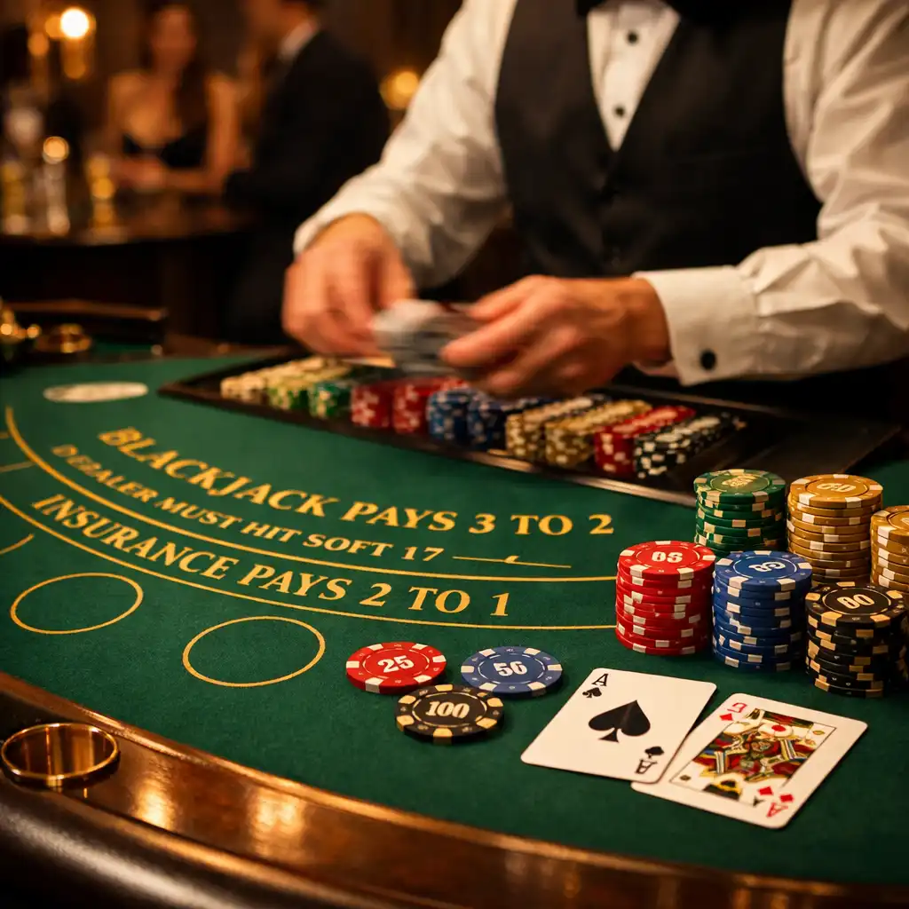Elegancki stół blackjack z żetonami